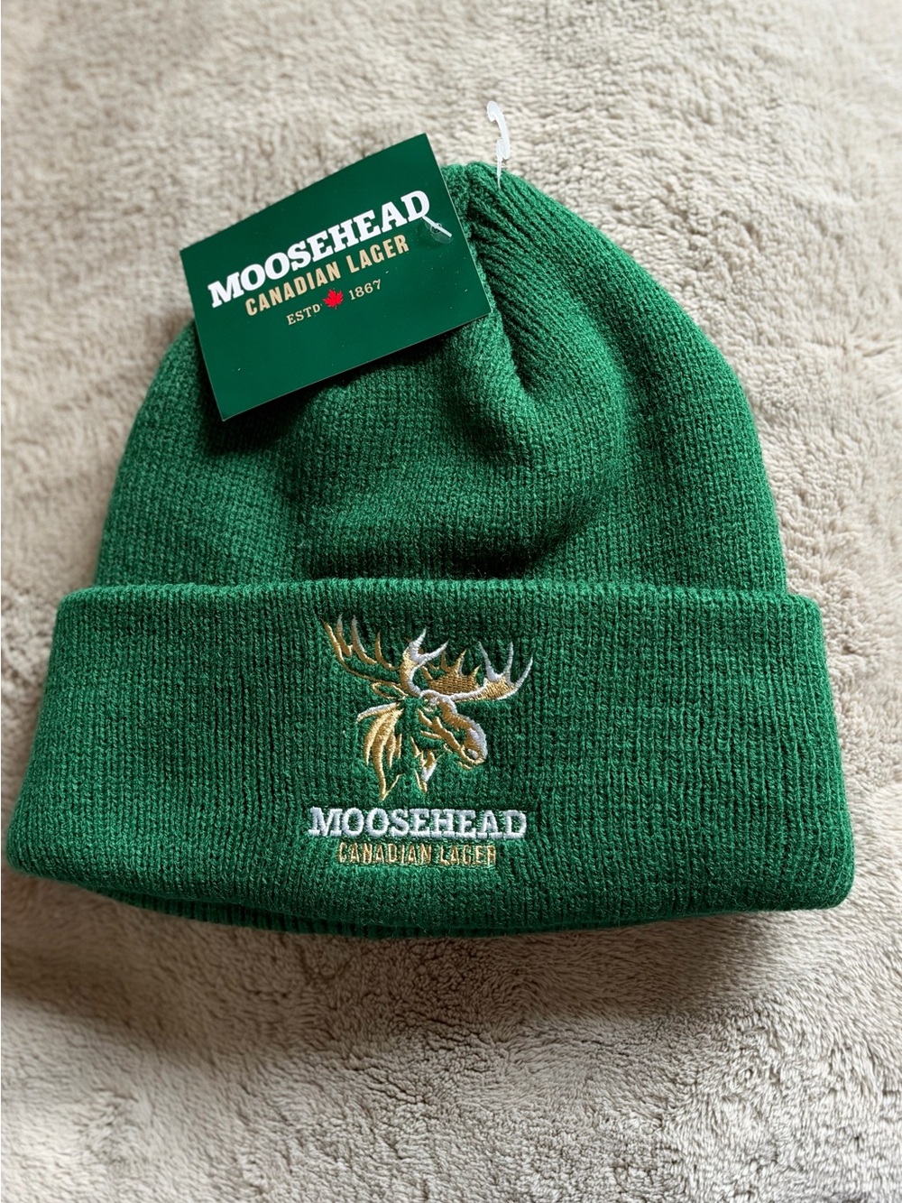 Moosehead Canadian Lager Green Knit Beanie Toque Embroidered Moose Logo